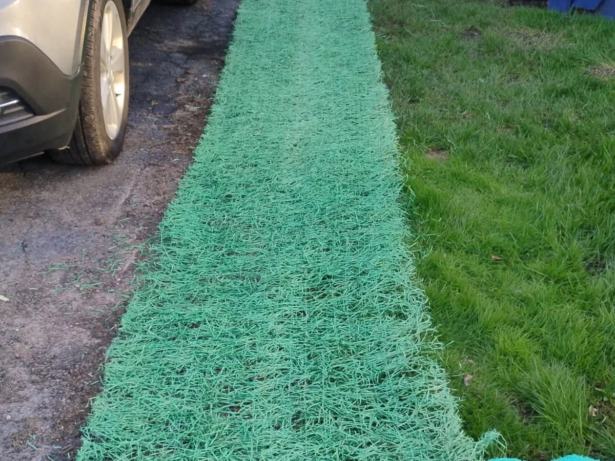 Hydroseed applied along a lawn edge to regrow grass